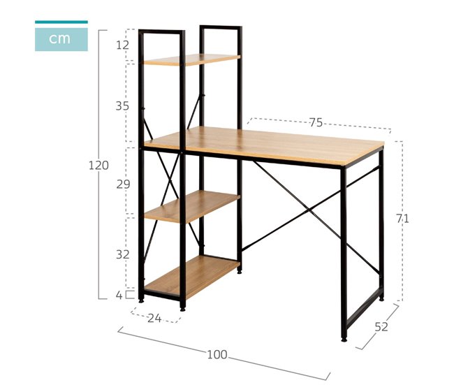 Max Home Escritorio con estantería madera y acero 100x52 Negro/ Madera