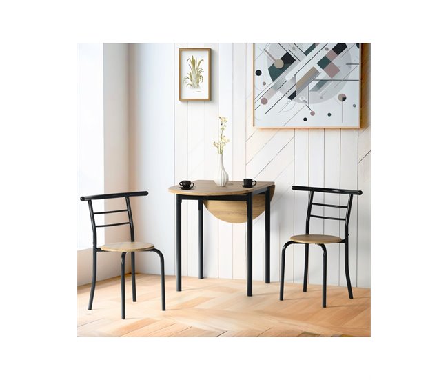 Set Mesa y 2 Sillas - Modelo LEVA - Sobre+asiento MDF - Estructuras Metal Roble