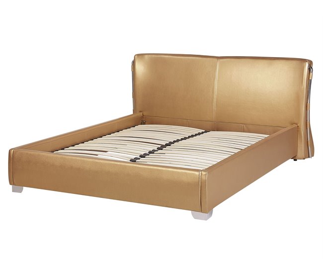 Beliani Cama LED Piel PARIS 195x228 Dorado