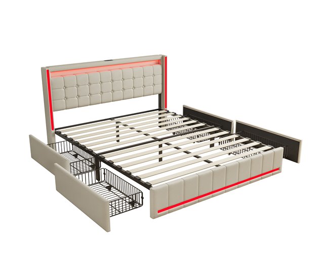 Cama, USB, cabecero LED, cama para adolescentes 148x213 Beige