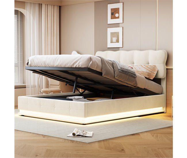 Cama, LED, cama con muelles, cama doble, cama funcional 146x204 Beige