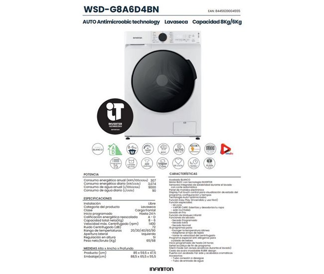 Lavaseca Infiniton WSD-G8A6D4BN, 8/6 Kg, 1400 rpm, A/D, Vapor Care Blanco