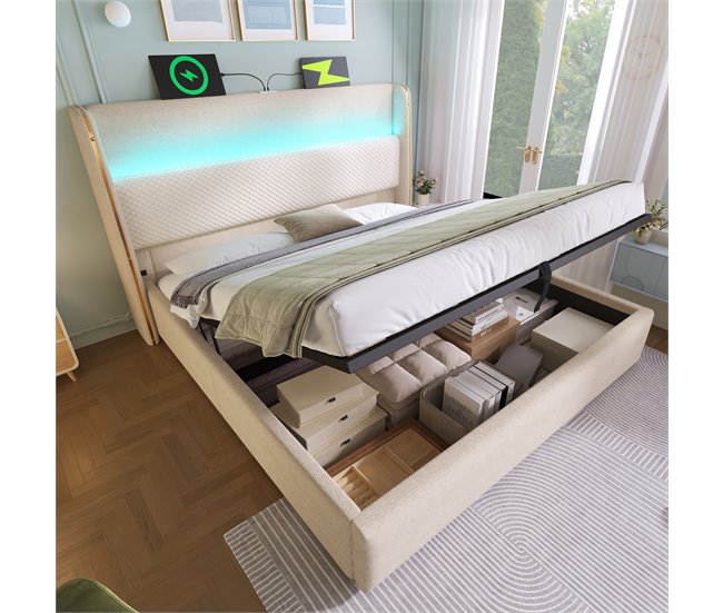 Cama con almacenaje de lino 173x221 Beige