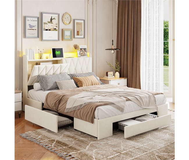 Cama LED RGB, USB, cajones almacenaje Beige