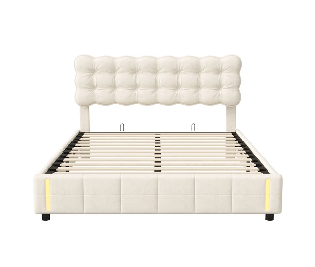 Cama contenedor acolchado, somier LED, láminas Beige