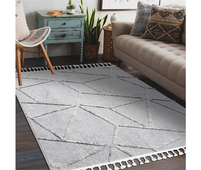 Alfombra SEVILLA Z791C mosaico Franjas Bereber marroquí Shaggy 200x290 Gris