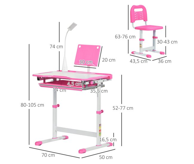 Escritorio Infantil MDF, Acero HOMCOM 70x50 Rosa