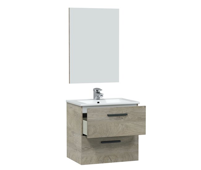 Mueble baño suspendido Alan 2 cajones, espejo y lavabo, Alaska Madera