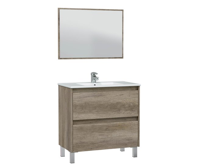 Mueble baño Devin 2 cajones, espejo y lavabo PMMA, Nordik Madera
