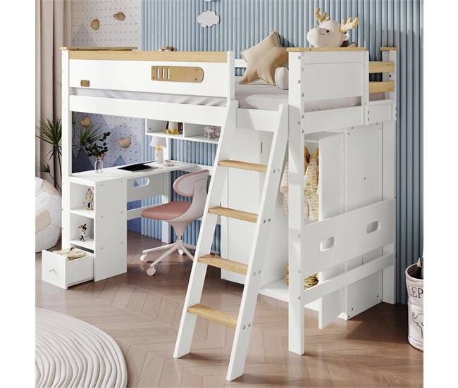 Cama alta infantil de madera de pino Natural/ Blanco