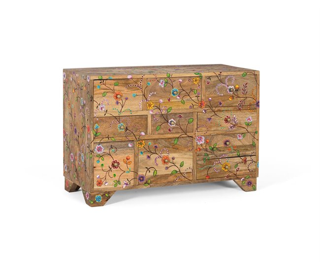 Cómoda con 10 cajones tallada a mano en madera de mango Marron