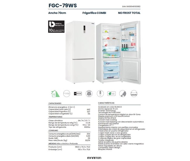 Frigorifco Combi Infiniton FGC-79WS, 442 l Blanco