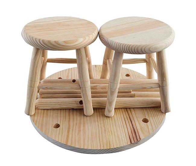 WELL HOME - Conjunto infantil (Mesa + 2 taburetes) en madera de pino Marron