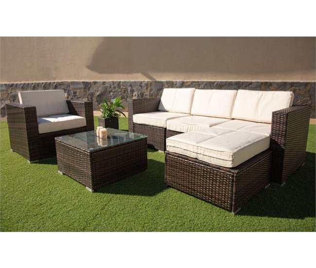 Sofa Chaise Longue + Sillon + Mesa de Ratan PE Marron