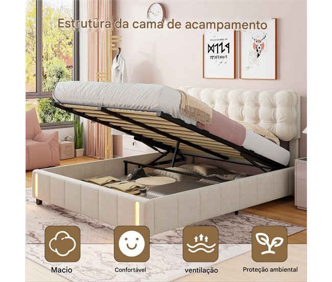 Cama tapizada, luces LED, espacio de almacenamiento Beige