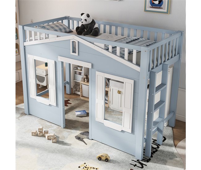 Cama alta de madera de pino Azul