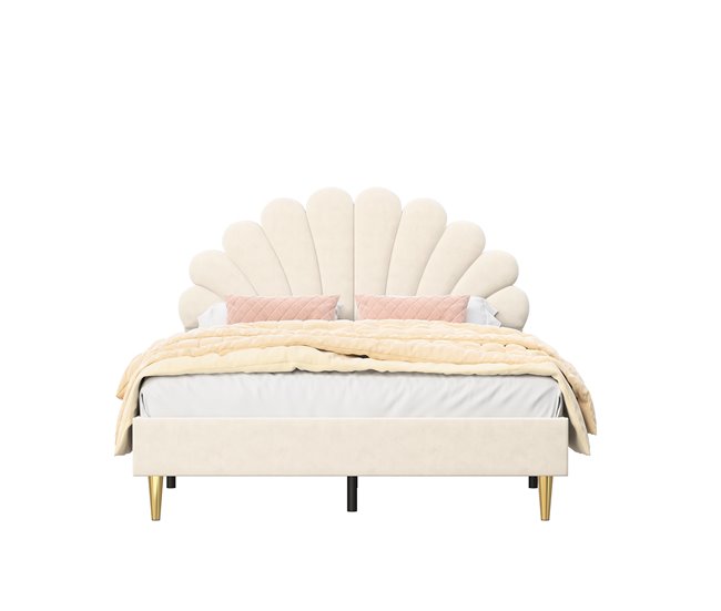 Cama doble acolchada con somier de láminas 140x203 Beige