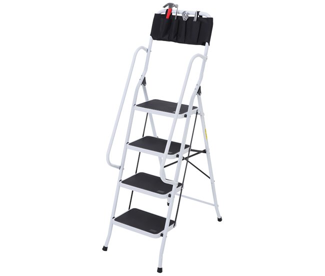 Escalera Plegable Metal, Acero HOMCOM Blanco/ Negro