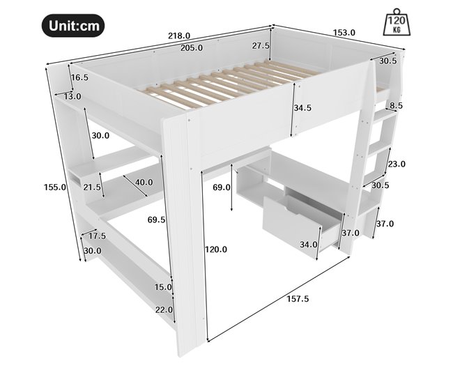 Cama alta para niños 153x218 Blanco