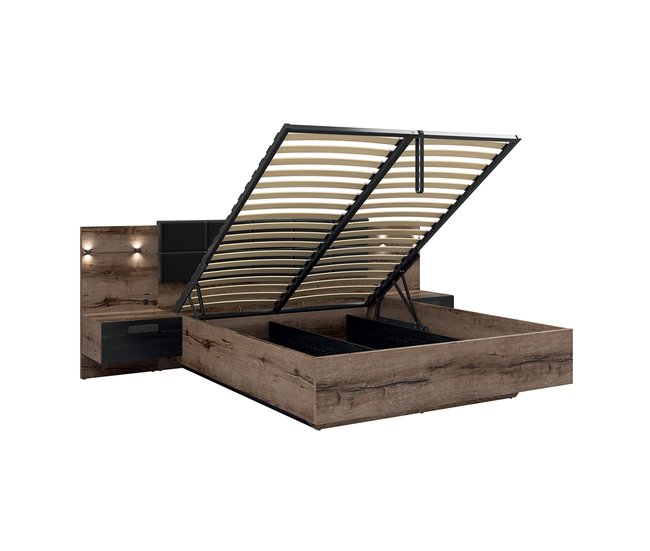 Cama canapé con somier, mesita de noche LED y toma USB Romane Madera