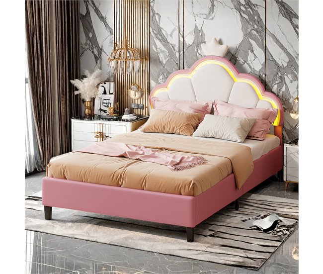 Cama, LED, Cama infantil, Cama juvenil, Cama doble 94x203 Rosa