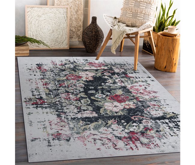 Alfombra lavable ANDRE 1816D flores vintage 80x150 Blanco/ Gris