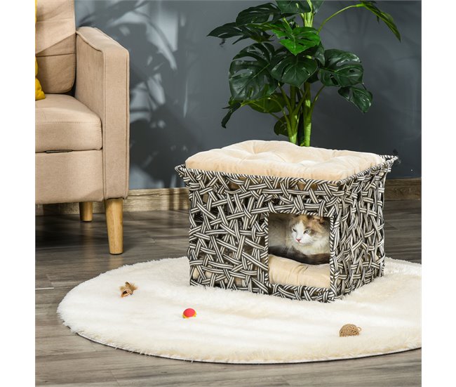 Cesta de Ratán para Gatos Metal, Ratán PE y Algodón PP PawHut Multicolor