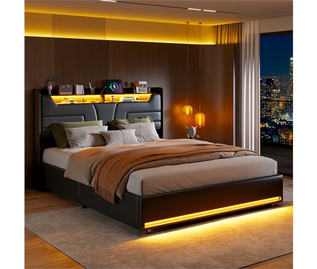 Cama, USB, LED, cama doble, cama funcional 143x211 Negro