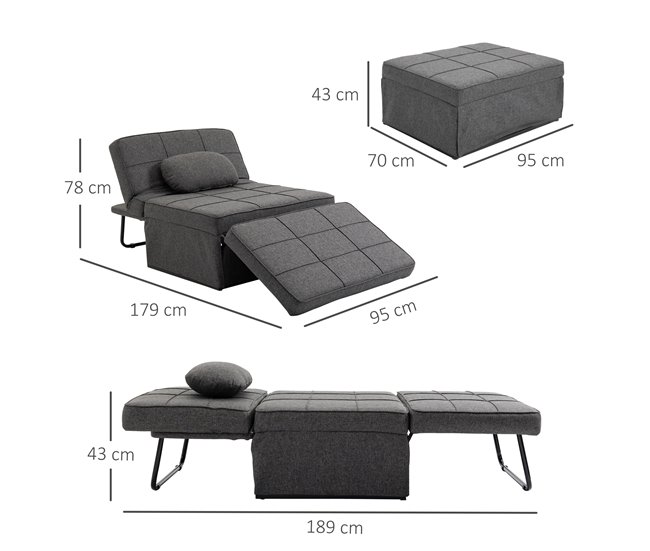 Sofá Cama Lino, Espuma, Metal HOMCOM, hogar - sofás y butacas Gris