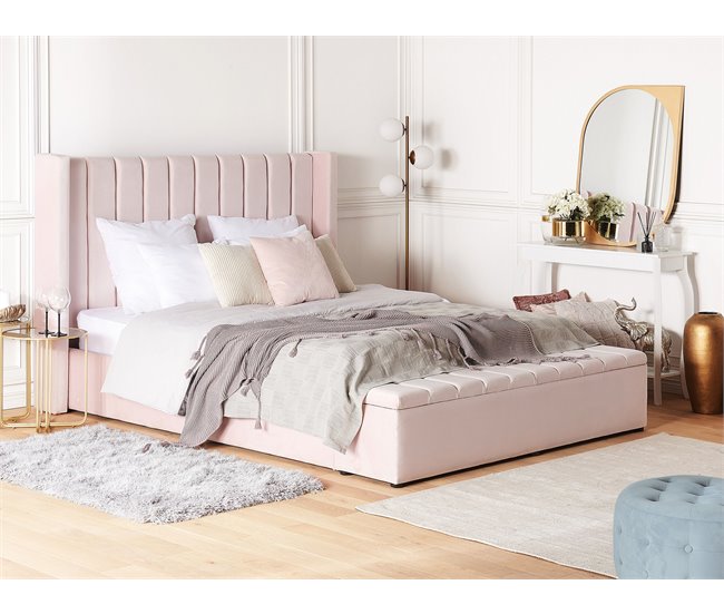 Beliani Cama con banco de almacenaje Terciopelo NOYERS 190x247 Azul Marino