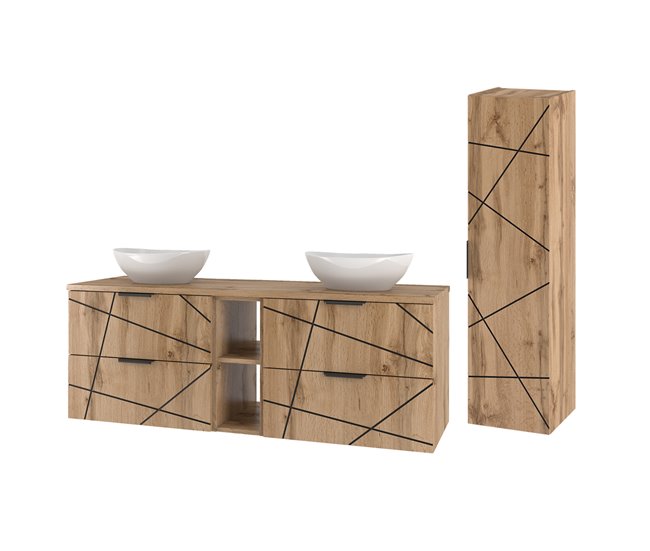 Conjunto de muebles con doble lavabo 2 compartimientos y columna Teren 140 Madera