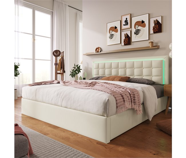 Cama de matrimonio de pu con almacenaje 145x203 Blanco