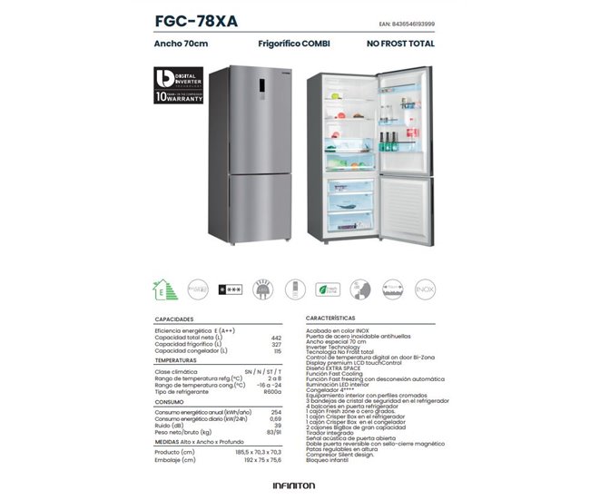 Frigorifico Combi Infiniton FGC-78XA, 432 l Inox