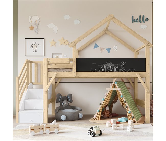 Cama alta cabaña infantil de madera de pino Natural/ Blanco