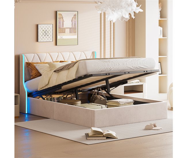 Cama estofada, LED, espaço de armazenamento Beige