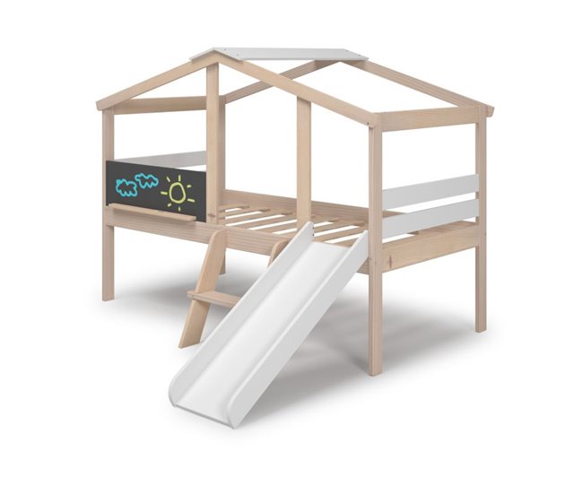 Cama cabaña con tobogán Rushi 204x187 Blanco/ Madera