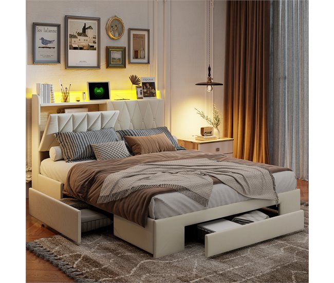 Cama LED RGB, USB, cajones almacenaje Beige