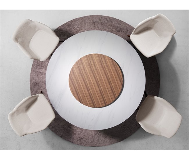 ANGEL CERDA Mesa comedor redonda mármol porcelánico y nogal 150x150 Natural/ Blanco