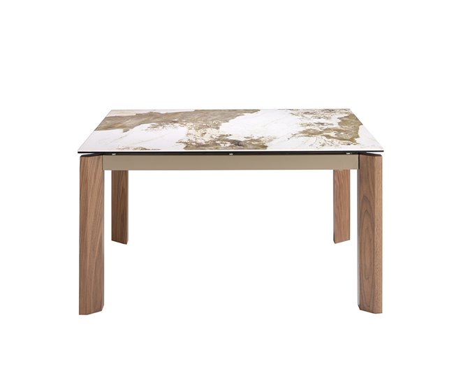 ANGEL CERDA Mesa comedor extensible rectangular mármol porcelánico y nogal 200x90 Natural/ Blanco