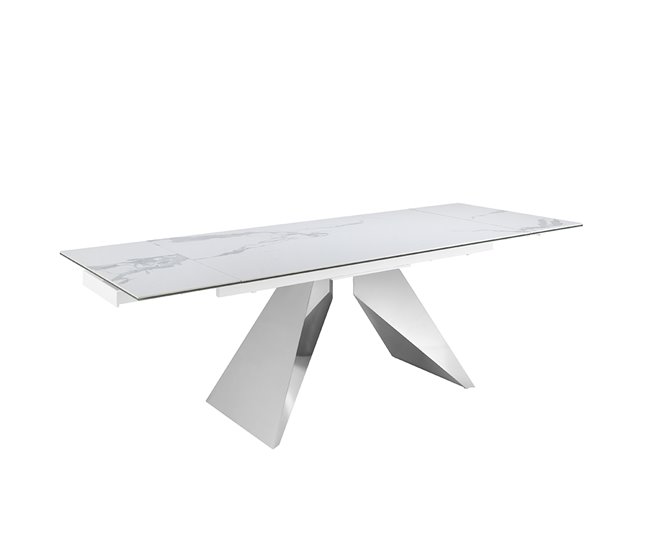 ANGEL CERDA Mesa comedor extensible rectangular mármol porcelánico y acero cromado 240x90 Blanco/ Gris
