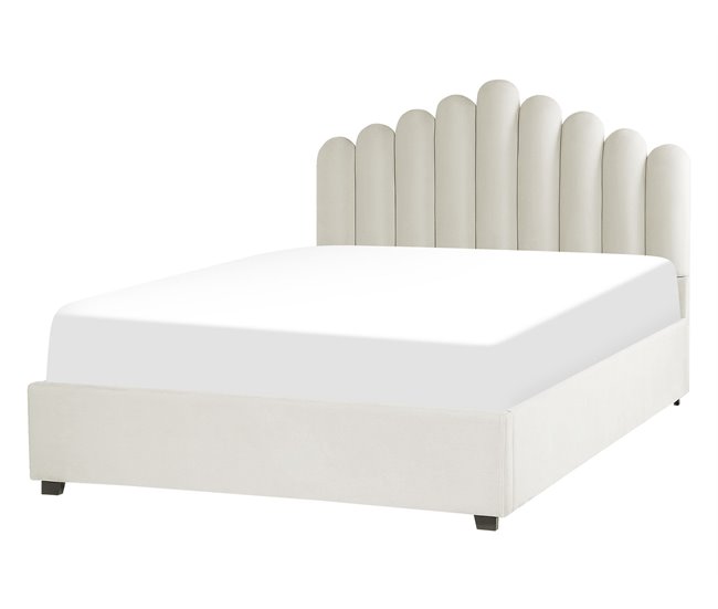 Beliani Cama con almacenaje Terciopelo VINCENNES 147x214 Blanco/ Beige