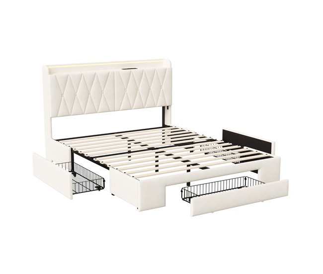 Cama LED RGB, USB, cajones almacenaje Beige