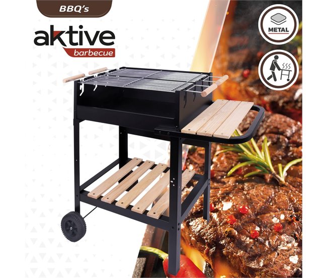 Barbacoa carbón portátil madera doble parrilla Aktive Negro