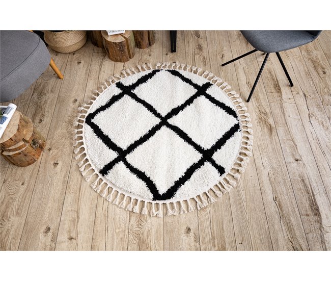 Alfombra BERBER CROSS Franjas Bereber Marroquí Shaggy 160x160 Blanco/ Gris