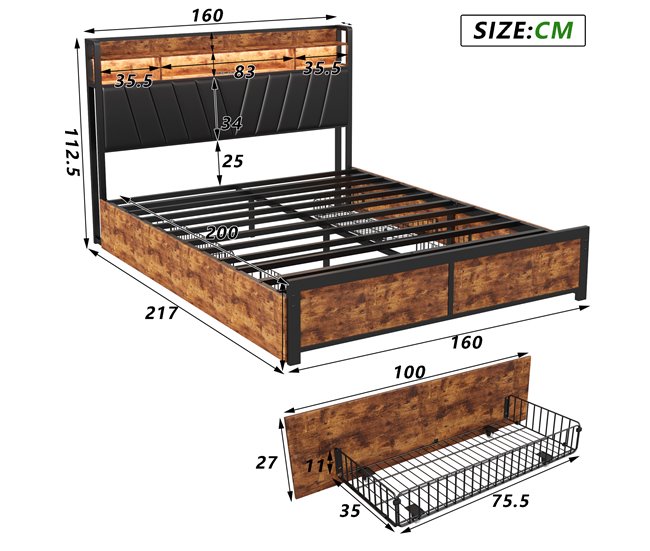 Cama de metal, USB, LED, 4 cajones 160x217 Multicolor
