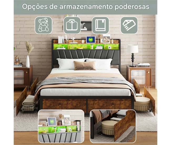 Cama de metal, USB, LED, 4 cajones 160x217 Multicolor