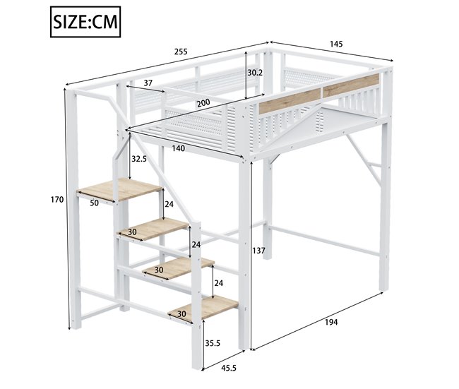 Cama alta para niños 145x255 Blanco