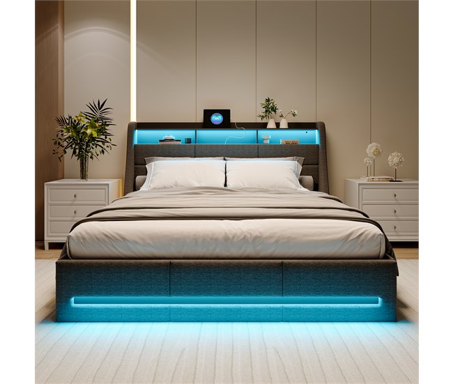 Cama doble, cama LED, USB 152x195 Gris