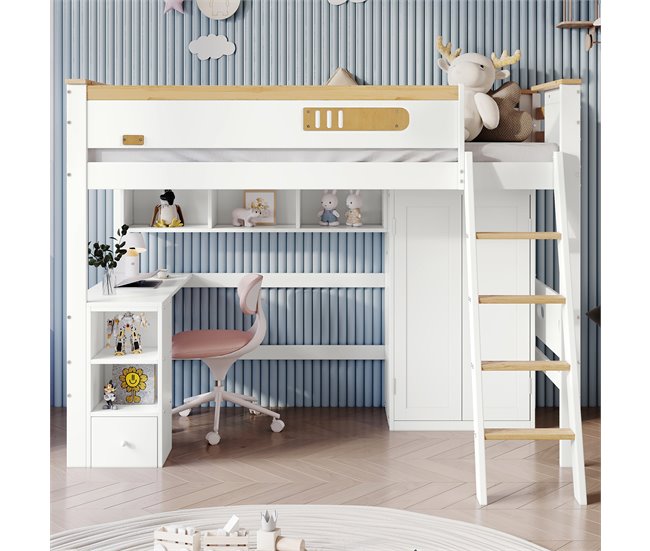 Cama alta infantil de madera de pino Natural/ Blanco