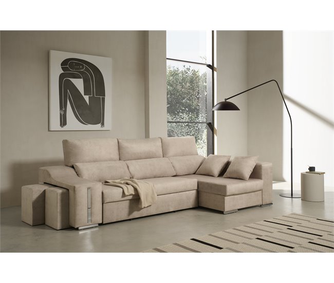 Sofa Chaise Longue Cama con Arcón y Puff Giuliana Beige